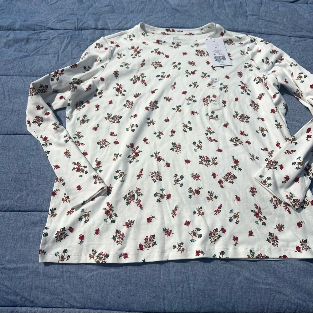 NWT Kim Rogers Ivory Holiday Long Sleeve Ditsy Crewneck Thanksgiving Tee Size PL